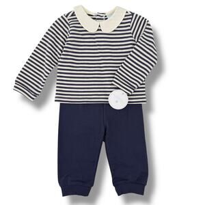 Edgehill Collection Navy Stripe 2pc Outfit Baby Boy Sz 12M Peter Pan Collar